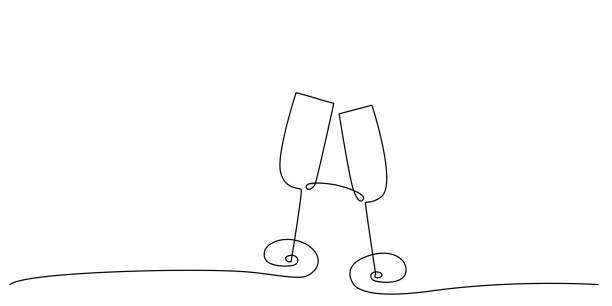 ilustrações de stock, clip art, desenhos animados e ícones de decoration continuous line hand drawing glasses element for wedding photo book, invitations. - champagne champagne flute wedding glass