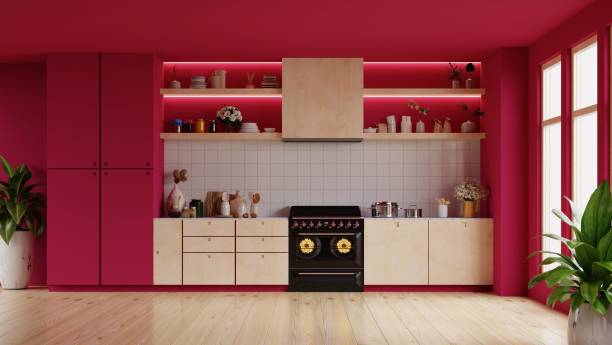 생생한 자홍색 벽 배경이 있는 현대적인 스타일의 주방 인테리어 디자인. - viva magenta 뉴스 사진 이미지