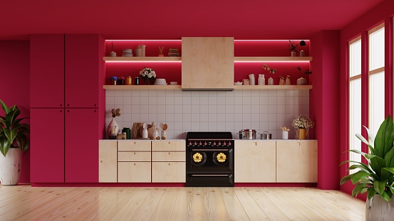 Modern style kitchen interior design with viva magenta wall background.3d rendering