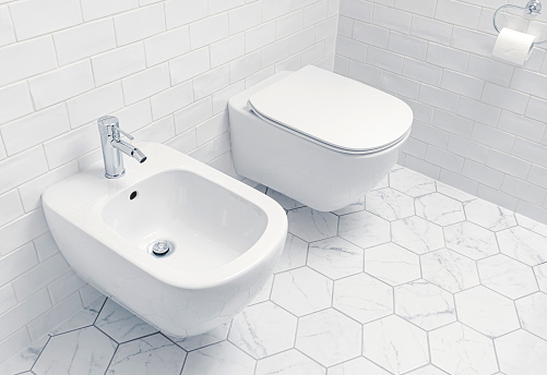 Modern bathroom - wall hung toilet and bidet. Interior design - white ceramic tiles in different shapes.
