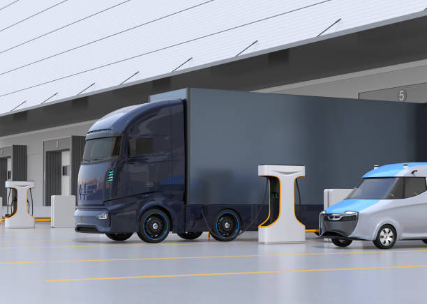 istock Generic design Electric Truck charging at logistics center 1450869229