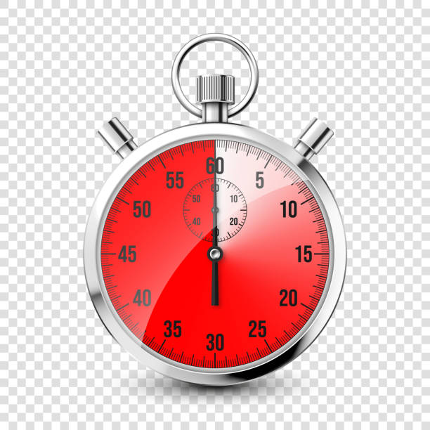 istock Realistic classic stopwatch icon. Shiny metal chronometer, time counter with dial. Red countdown timer showing minutes and seconds. Time measurement for sport, start and finish. Vector illustration 1450869540