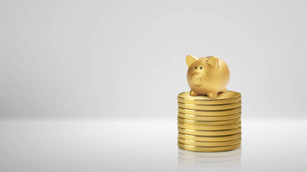 Stack of gold coins with the piggy bank stock photo