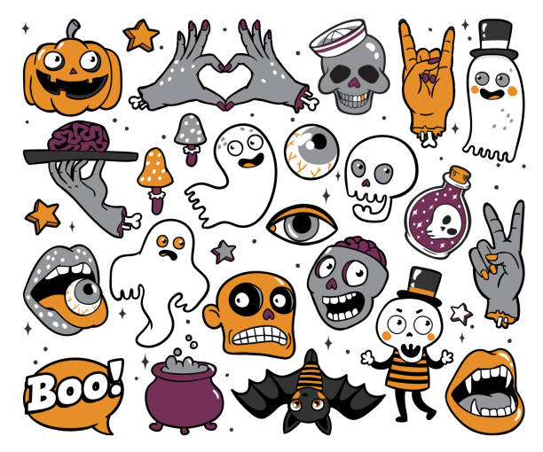 ilustrações, clipart, desenhos animados e ícones de halloween conjunto de patches no estilo de quadrinhos de desenhos animados. - animal skeleton illustrations