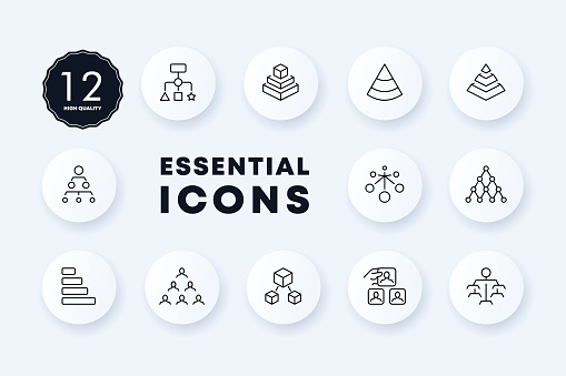 Hierarchy diagrams set icon. Subordinates, causal relationships, workers, employees, boss, manager, delegation, workflow, teamwork. Business concept. Neomorphism style. Vector line icon for business