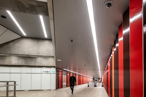 Copenhagen, Denmark Nov 28, 2022 Passengers walking in a tunnel in the Osterport metro station.
