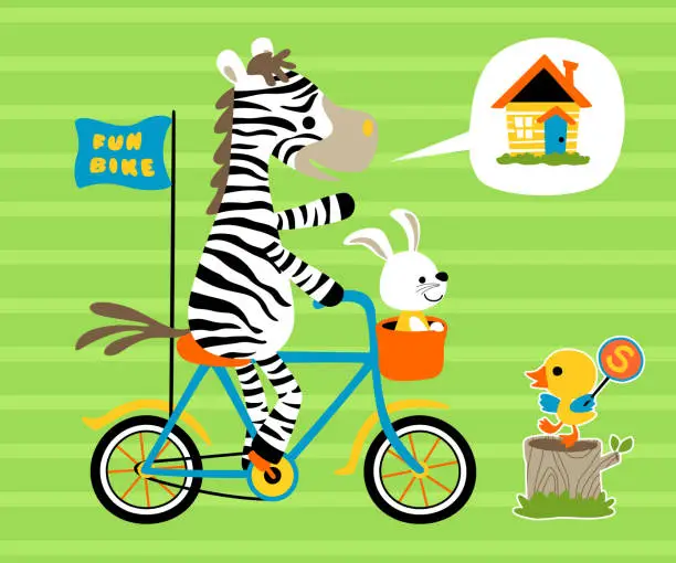 Vector illustration of Vector cartoon of zebra with bunny on bicycle little duck holding traffic sign on tree stump