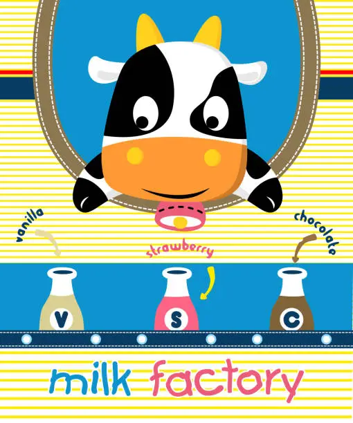 Vector illustration of Cow cartoon with milk bottles on striped background