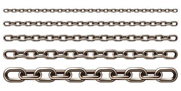 Realistic brown metal chain with old rusty links isolated on white background. Heavy steel chain for industrial use. Vector illustration.