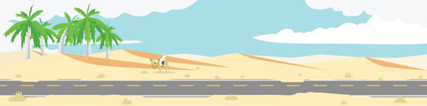 illustrazioni stock, clip art, cartoni animati e icone di tendenza di paesaggio di asfalto vuoto sul deserto. sfondo desertico con un'oasi e un cavaliere di cammelli. - arid climate asphalt barren blue