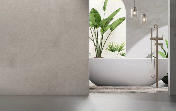 istock Modern, minimal blank gray concrete wall and white ceramic oval bathtub with shower head, pendant light, green tropical plant and arch door on cement floor 1450893590