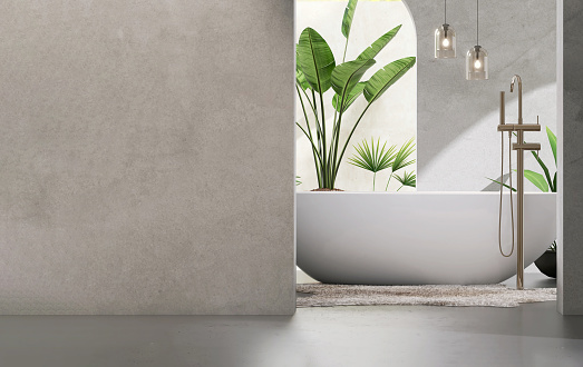 Modern, minimal blank gray concrete wall and white ceramic oval bathtub with shower head, pendant light, green tropical plant and arch door on cement floor for luxury product display, interior design decoration background
