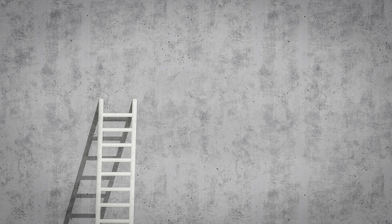 ladder leaning against gray concrete wall. White ladder on grey concrete wall. copy space. 3d rendering