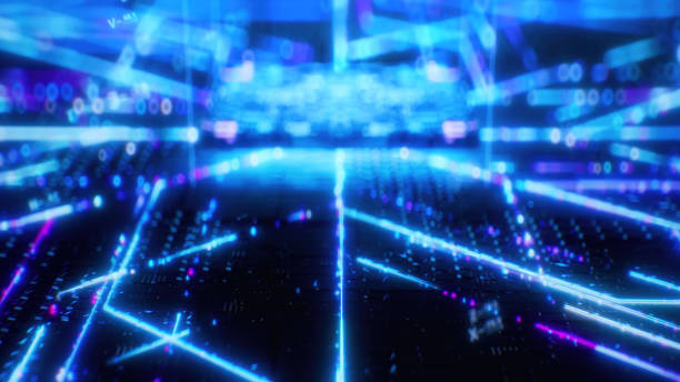 istock Digital background in blue neon colors. 3D rendered CPU in blue neon colors for a modern design 1450903192