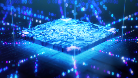 3D rendered CPU in blue neon colors for a modern design. Motherplate and neon colored wireless connections on a dark background