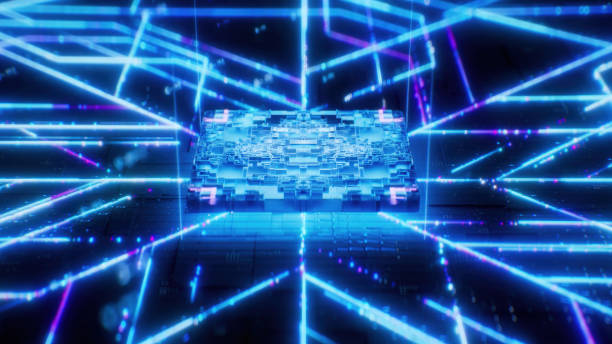 istock Bright neon motherplate with blue connection lines on a dark background 1450903564