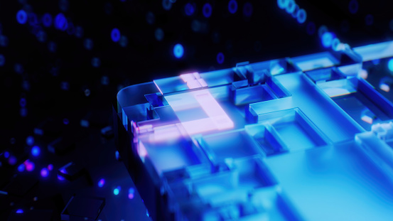 3D rendered CPU in blue neon colors for a modern design. Motherplate and neon colored wireless connections on a dark background