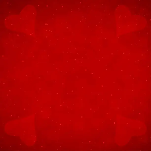 Vector illustration of Dark vibrant  bright red colored glittering all over monochrome backdrop with love theme four glowing red colour hearts as watermark at corners of square layout valentine vector backgrounds