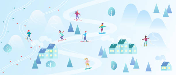 illustrazioni stock, clip art, cartoni animati e icone di tendenza di vacanze invernali in stazione sciistica, paesaggio innevato del parco di montagna con sciatori sulle colline - ski trace