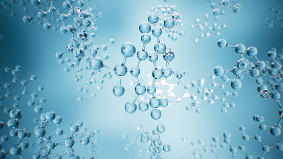 Blue abstract background with molecular structures. Scientific screen saver. Transparent molecules on a blue background