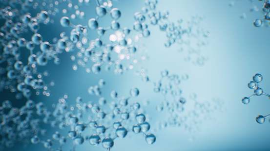 Blue abstract background with molecular structures. Scientific screen saver. Transparent molecules on a blue background