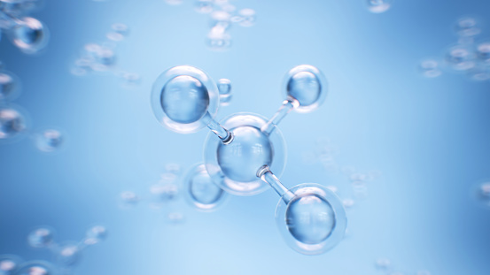 Blue abstract background with molecular structures. Scientific screen saver. Transparent molecules on a blue background