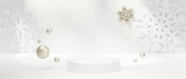 istock 3D rendering. Snowflake decorations and cylindrical display stand on a white, bright, abstract background. Cold Christmas concept. 1450914805