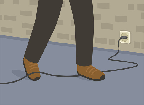 Close-up view of foot caught in electrical cord tripping over it at home or office. Workplace safety rules. Cover cords and cables that cross walkways. Flat vector illustration template.