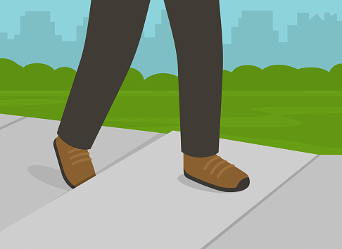 Pedestrian safety rules and tips. Character walking on sidewalk and about to fall down. Close-up view of foot stumbling over raise sinking concrete sidewalk. Flat vector illustration template.