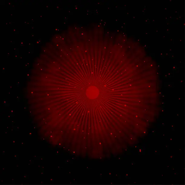 Vector illustration of Twinkling shining starry dots all over Christmas theme  vibrant dark maroon festive Xmas vector backgrounds with sunbeam or light rays originating from a circular centre giving an aura or glow