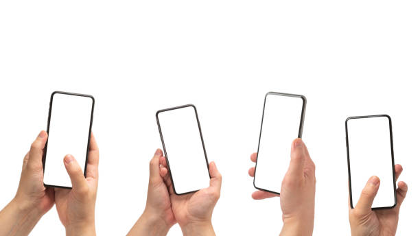 istock Smart phone in man hand isolated on white background.  White screen. 1450922581