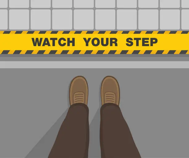 Vector illustration of Man standing on the road. Watch your step warning text on the edge. Top view.