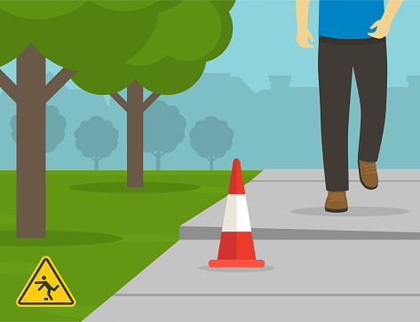 Pedestrian safety rules and tips. Character walking on sidewalk. Close-up view of feet on raise sinking concrete sidewalk. Tripping hazard. Flat vector illustration template.