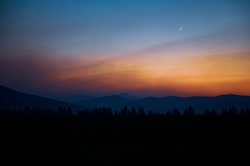 A silhouette of trees on hills on the sunset in Montana