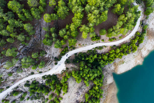Abstract drone perspective capturing deep blue-green contaminated water body tightly contained by curved embankment. Wild lush vegetation highlights the ecological crisis and human control over nature