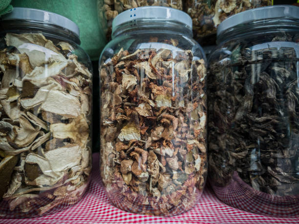 Large glass jars full of Dried Mixed Wild Mushrooms Large glass jars full of Dried Mixed Wild Mushrooms. Selective focus marasmius oreades mushrooms stock pictures, royalty-free photos & images