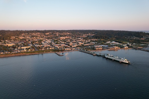 An aerial scenic view of the seascape and seaside city in Edmonds, Washington