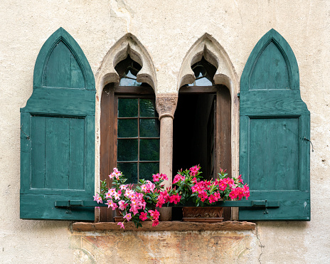 Two Venetian arched windows with teal green shutters and pink and red flowers