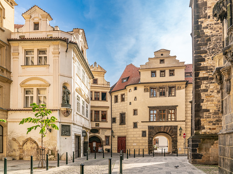 Prague old town street with baroque houses - Týn courtyard