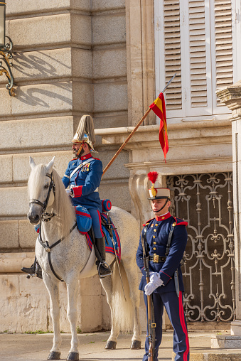 Athens, Greece - July 18, 2019: Greek soldiers Evzones dressed in traditional uniforms, refers to the members of the Presidential Guard, an elite ceremonial unit, since 1833.