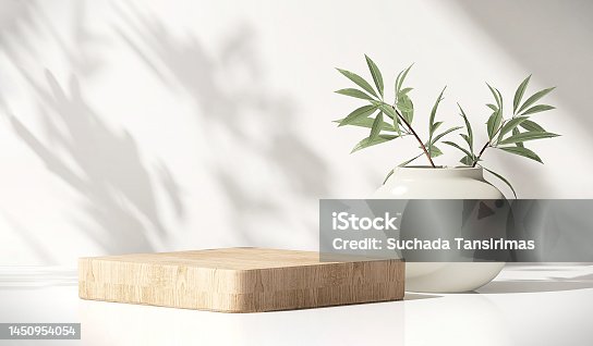 istock Modern, minimal square wooden podium with white ceramic potted plant on white counter table in dappled sunlight and shadow on white wall 1450954054