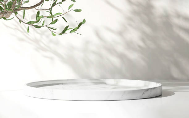 istock Minimal modern round marble tray podium , green tree twig on white glossy table counter  in sunlight, leaf shadow on wall 1450954838