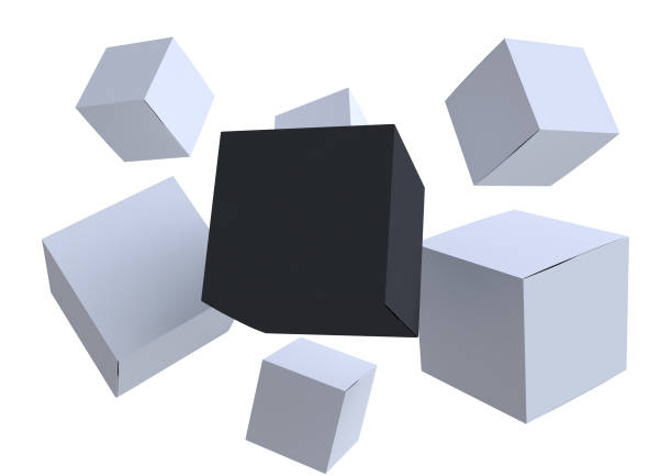 istock Square flying paper box mockup composition isolated on white background. 3d realistic illustration. Template for branding presentation in modern minimal style. Render corporate package. 1450955580