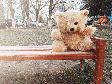 Damaged soft toy. Teddy bear abandoned on the street. Doll alone in winter sits on a bench.