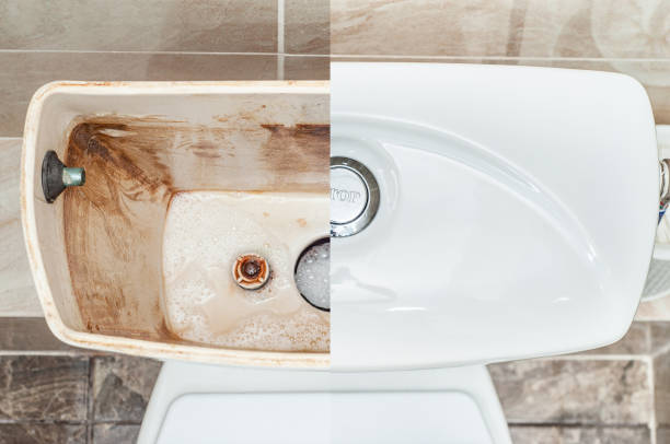 istock Section view of an empty toilet flush tank with foam detergent. 1450959236