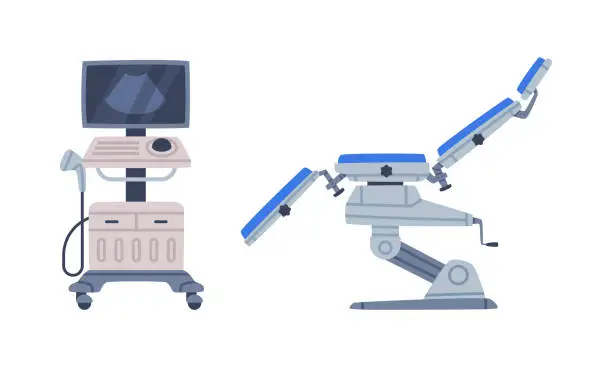 Vector illustration of Ultrasound Imaging Machine and Chair as Medical Equipment and Assistance Device Vector Set