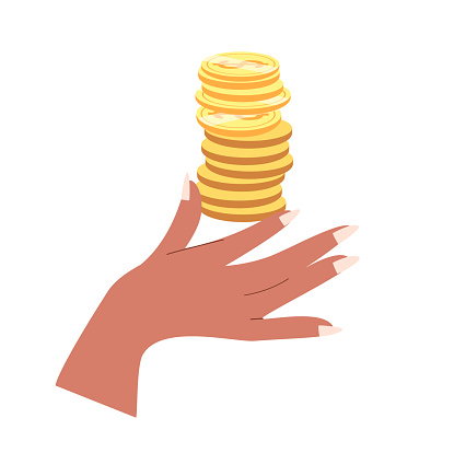Stack of Gold Coins in fingers.Hand holding cash money, dollar golden cent.Finance bonuses and benefits,cashback,help,donation and charity concept.Flat vector illustration isolated on white background