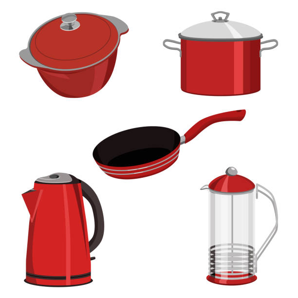 zestaw akcesoriów kuchennych. patelnia, kocioł, rondel.czajniczek, czajnik elektryczny w kolorze czerwonym, izolowany na białym tle. - kociołek herbaty stock illustrations