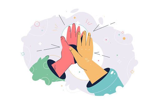 Hands give high five together. Abstract concept of diverse nationality collaborate together for successful result. Team celebration winning and goal achievement idea. Vector illustration.