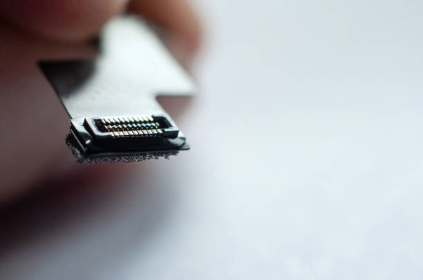 istock Close-up flat phone jack in hand on a white background. 1450966311